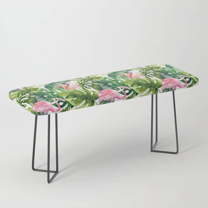 Flamingo Tropical, Colorful Tropical Jungle Monstera Painting, Watercolor Birds Banana Leaves Bench