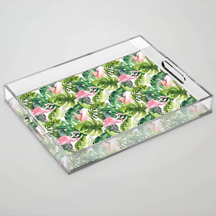 Flamingo Tropical, Colorful Tropical Jungle Monstera Painting, Watercolor Birds Banana Leaves Acrylic Tray