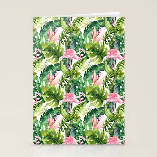 Flamingo Tropical, Colorful Tropical Jungle Monstera Painting, Watercolor Birds Banana Leaves Stationery Card