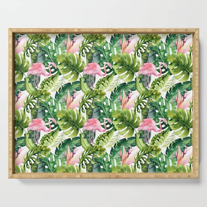Flamingo Tropical, Colorful Tropical Jungle Monstera Painting, Watercolor Birds Banana Leaves Serving Tray