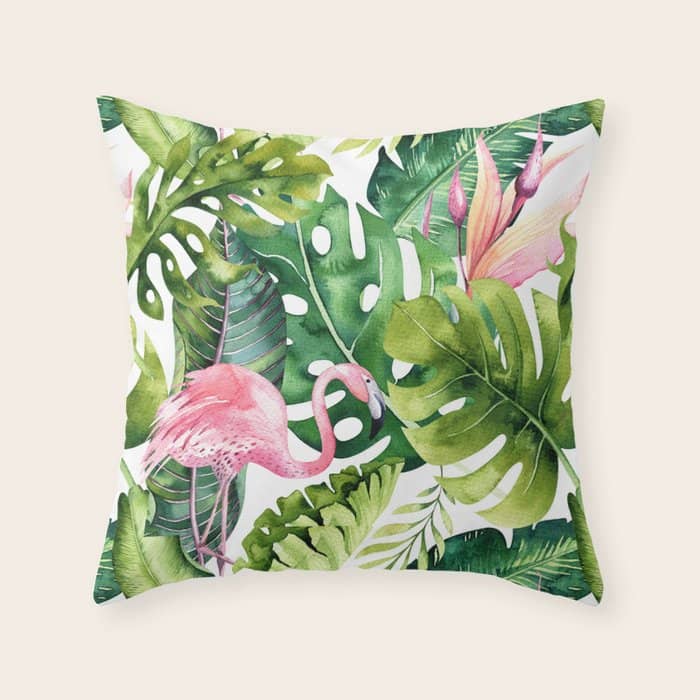 Flamingo Tropical, Colorful Tropical Jungle Monstera Painting, Watercolor Birds Banana Leaves Throw Pillow