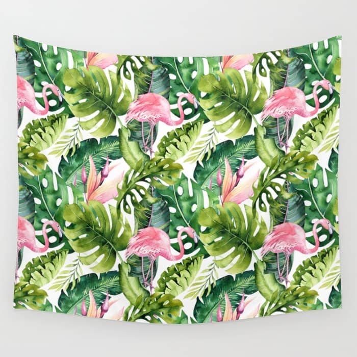 Flamingo Tropical, Colorful Tropical Jungle Monstera Painting, Watercolor Birds Banana Leaves Wall Tapestry