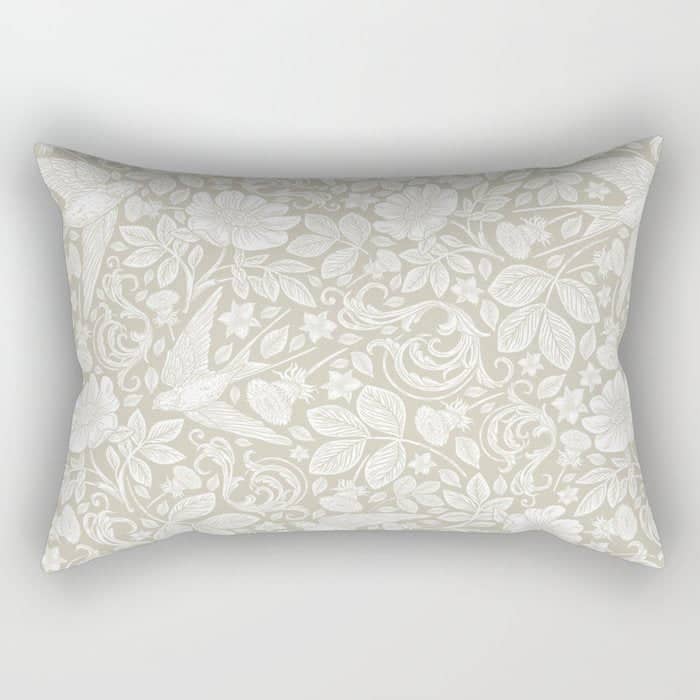 Vintage Elegant White Ivory Cream Swallows Floral Rectangular Pillow