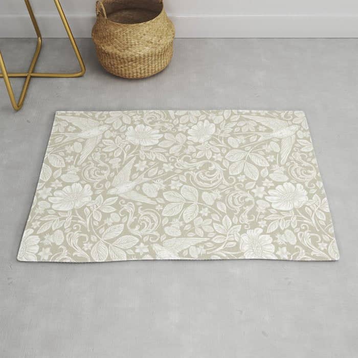 Vintage Elegant White Ivory Cream Swallows Floral Rug
