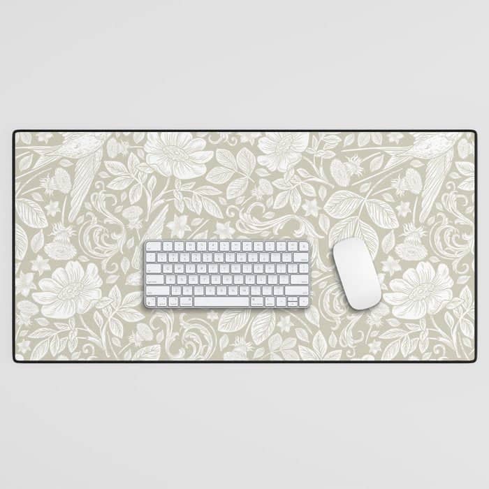 Vintage Elegant White Ivory Cream Swallows Floral Desk Mat