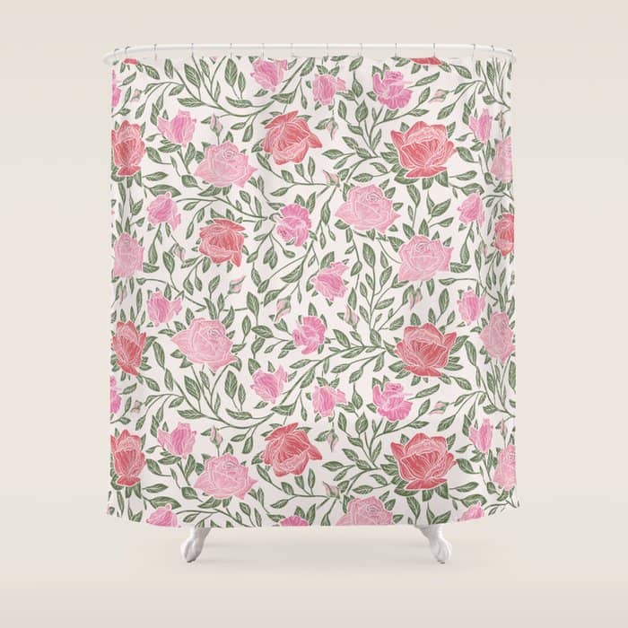Modern Vintage Chic Blush Pink Forest Green Floral Shower Curtain