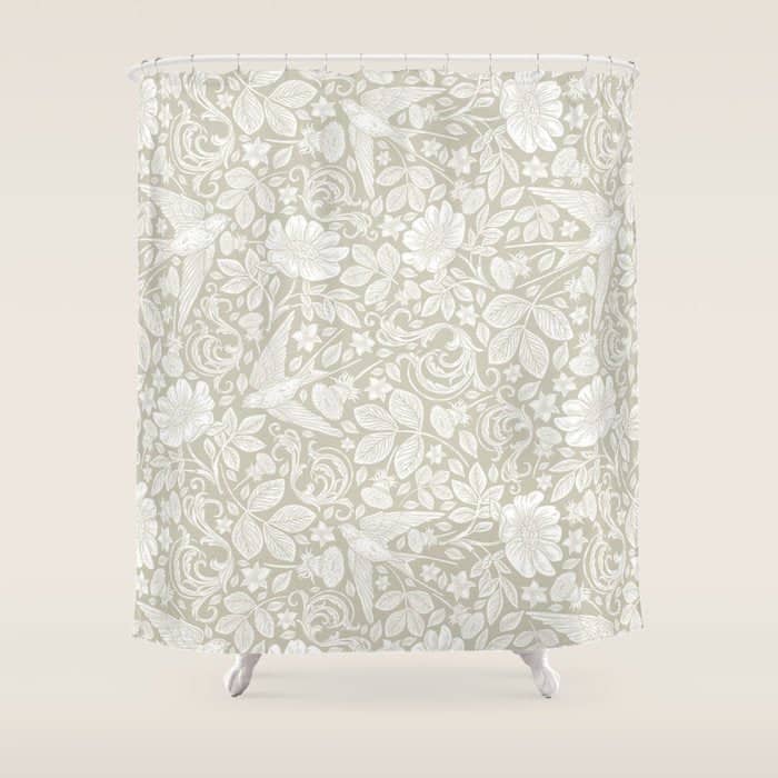 Vintage Elegant White Ivory Cream Swallows Floral Shower Curtain