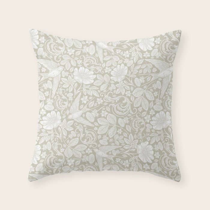 Vintage Elegant White Ivory Cream Swallows Floral Throw Pillow