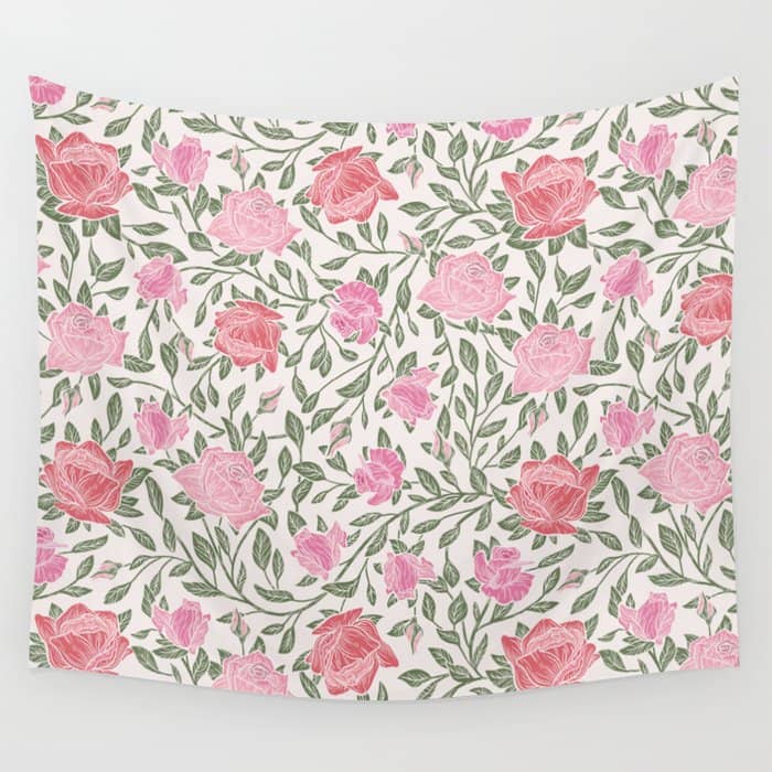 Modern Vintage Chic Blush Pink Forest Green Floral Wall Tapestry