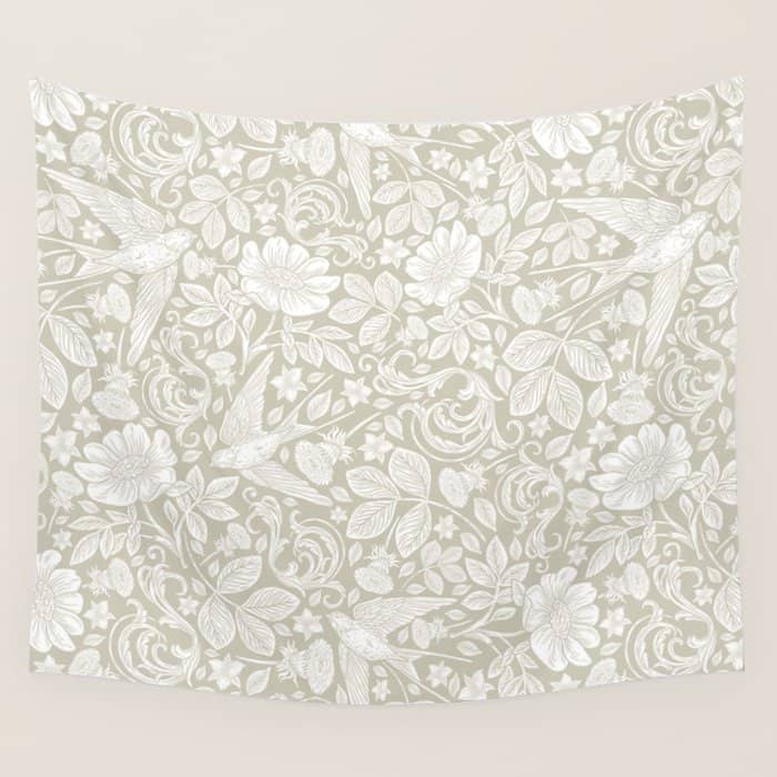 Vintage Elegant White Ivory Cream Swallows Floral Wall Tapestry