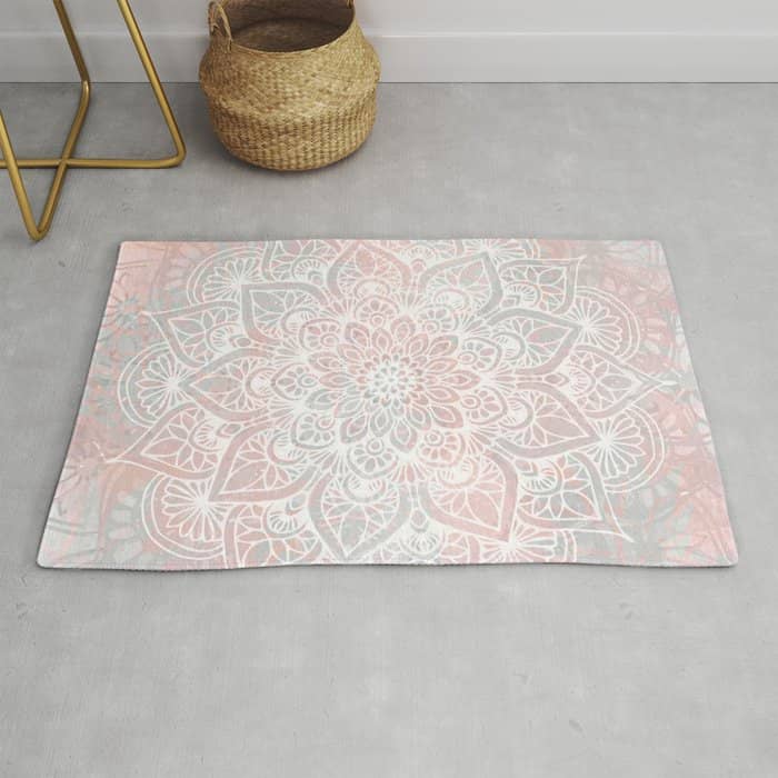 Mandala, Yoga, Love, Coral And Gray, Wall Art Boho Rug