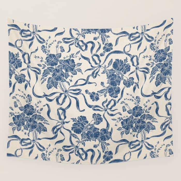 Chic Modern Vintage Ivory Navy Blue Floral Pattern Wall Tapestry