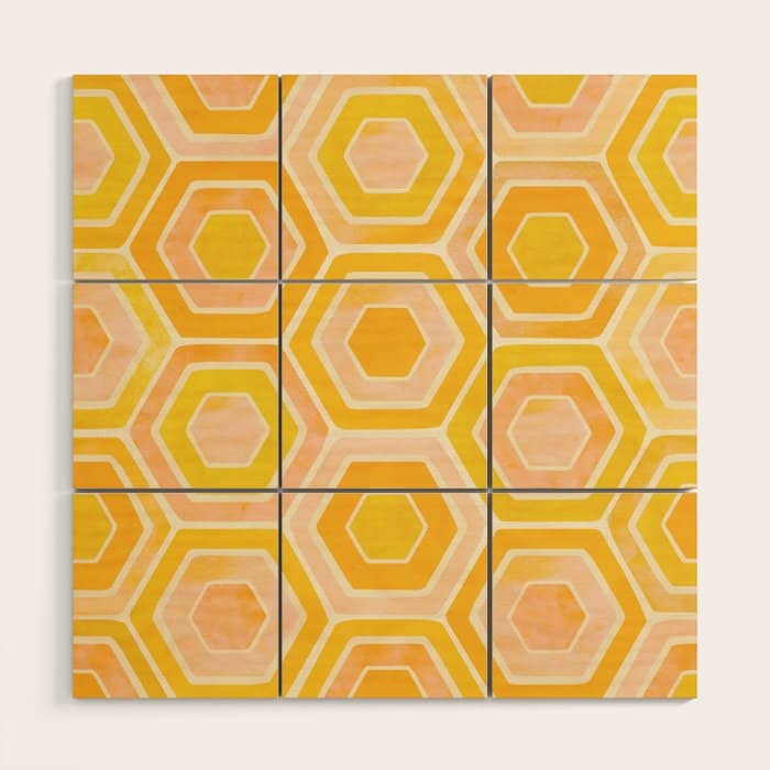 Golden Geometric Tiles Watercolor Wood Wall Art