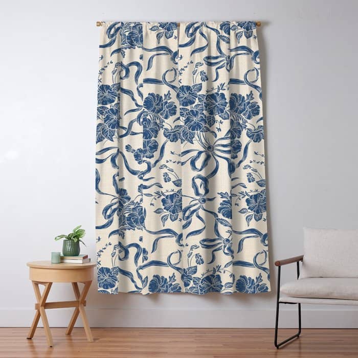 Chic Modern Vintage Ivory Navy Blue Floral Pattern Window Curtain