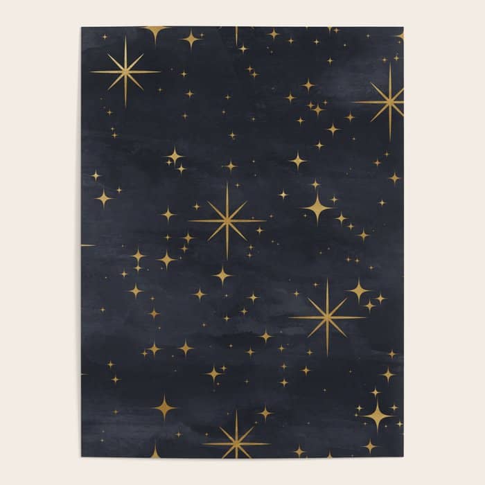 Gold Stars Black Ink Night Sky Magical Mid Century Pattern Poster