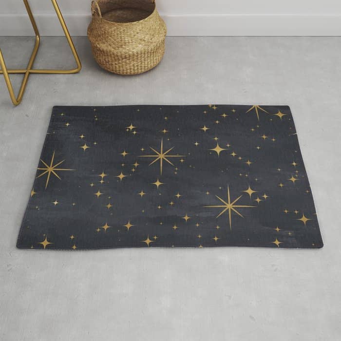 Gold Stars Black Ink Night Sky Magical Mid Century Pattern Rug