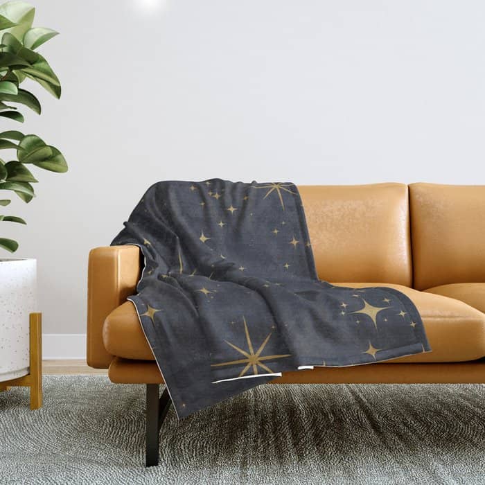 Gold Stars Black Ink Night Sky Magical Mid Century Pattern Throw Blanket
