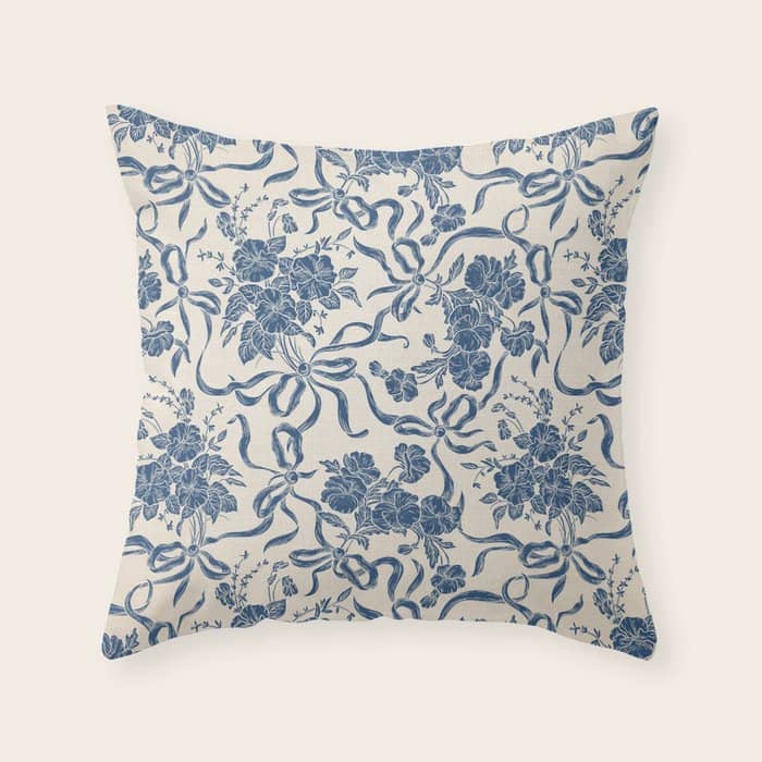Chic Modern Vintage Ivory Navy Blue Floral Pattern Throw Pillow