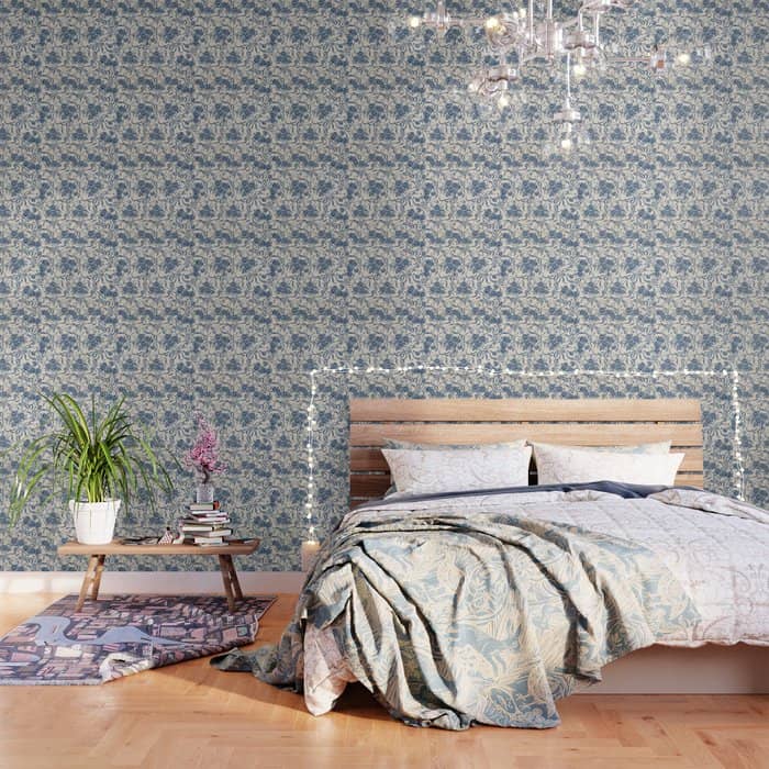 Chic Modern Vintage Ivory Navy Blue Floral Pattern Wallpaper