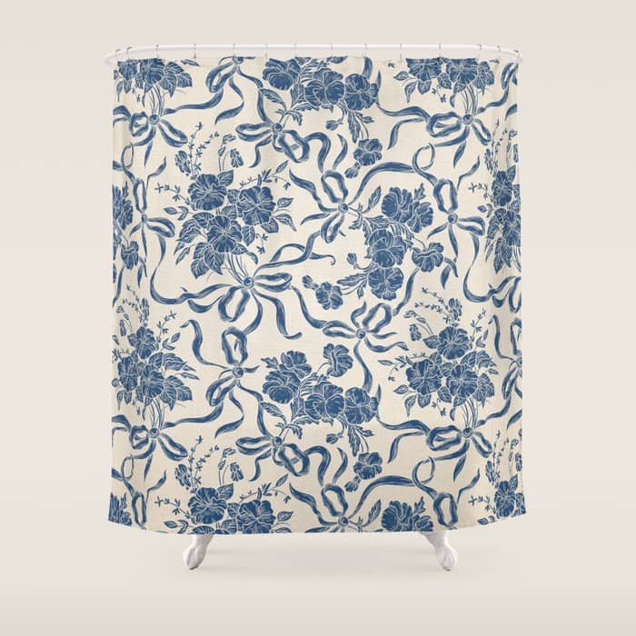 Chic Modern Vintage Ivory Navy Blue Floral Pattern Shower Curtain
