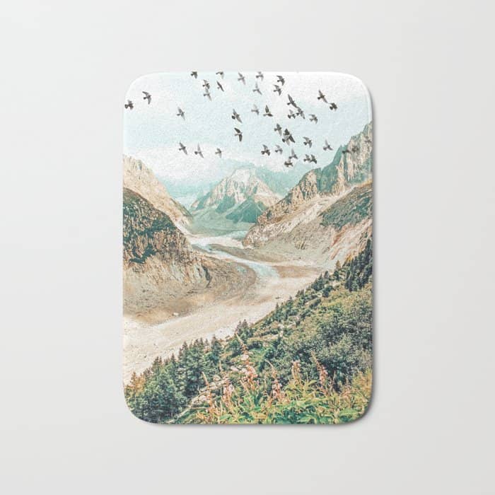 Apricity, Scenic Neutral Pastel Nature Travel Photography, Mountains Exotic Birds Landscape Path Bath Mat