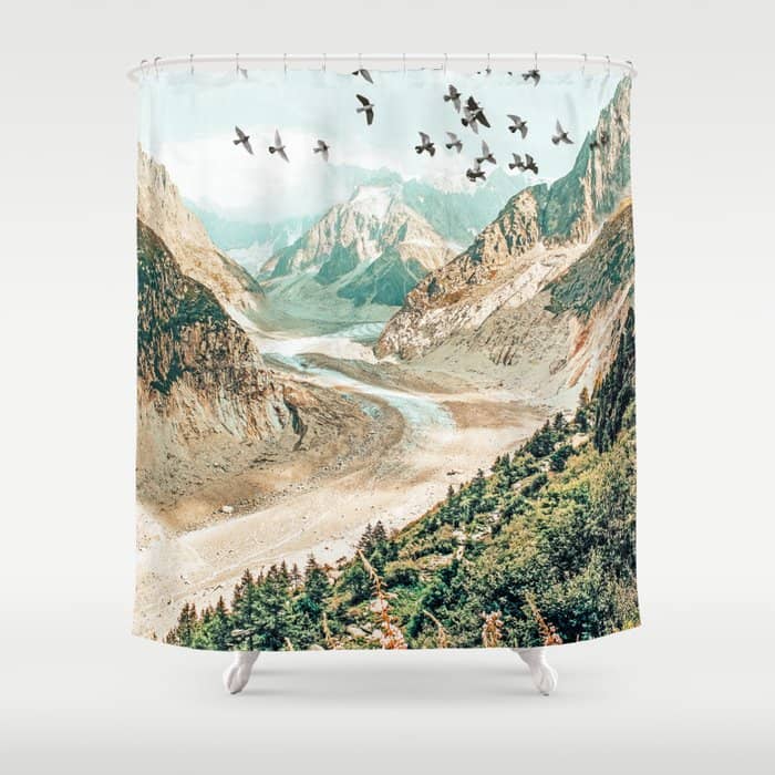 Apricity, Scenic Neutral Pastel Nature Travel Photography, Mountains Exotic Birds Landscape Path Shower Curtain