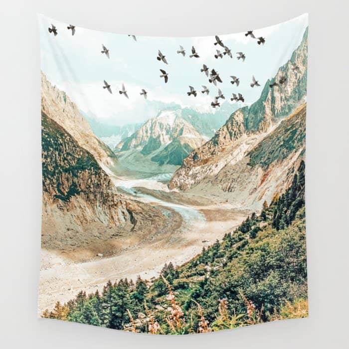 Apricity, Scenic Neutral Pastel Nature Travel Photography, Mountains Exotic Birds Landscape Path Wall Tapestry