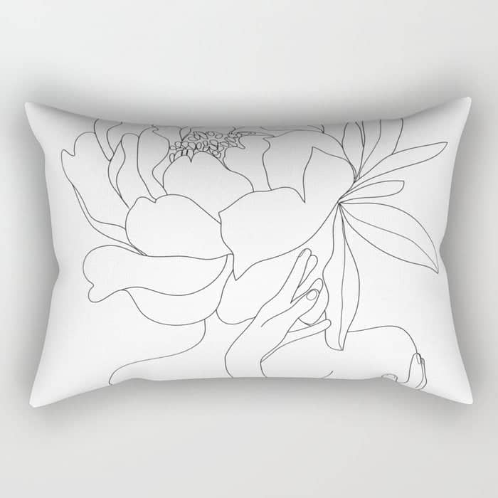 Minimal Line Art Woman Flower Head Rectangular Pillow