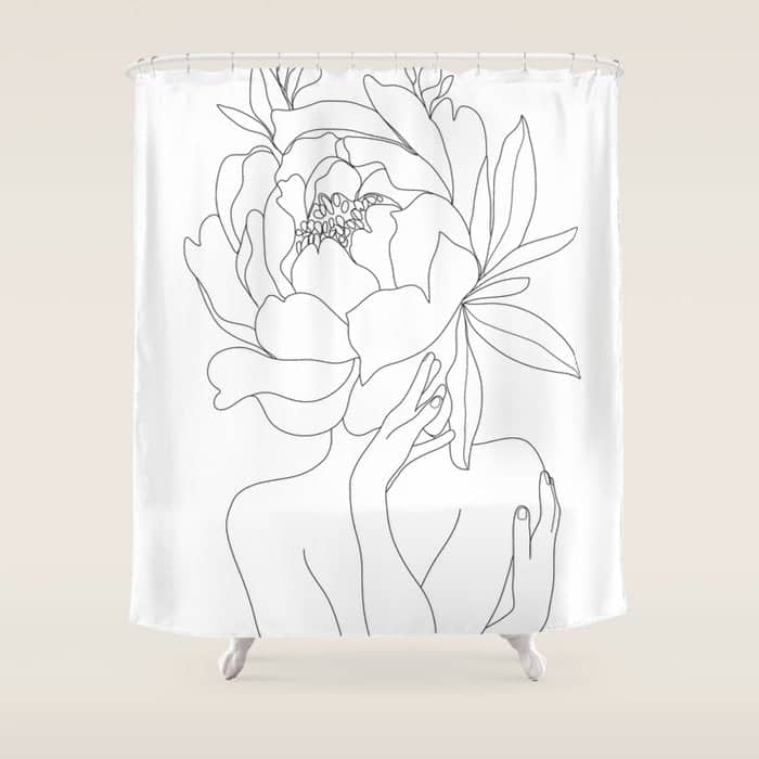 Minimal Line Art Woman Flower Head Shower Curtain