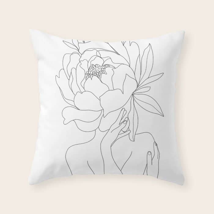 Minimal Line Art Woman Flower Head Throw Pillow