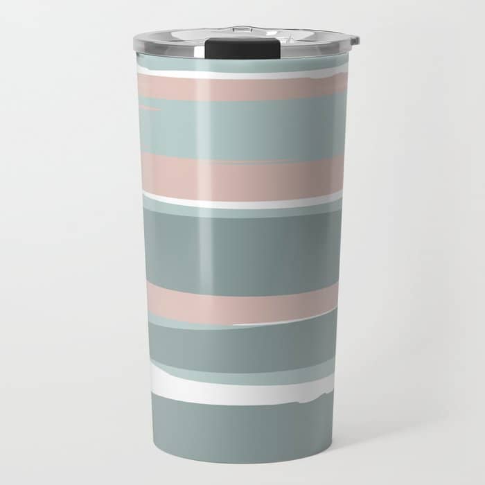 Festive, Abstract, Stripes Pattern, Pink, Green, White Travel Mug