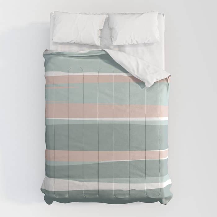 Festive, Abstract, Stripes Pattern, Pink, Green, White Comforter