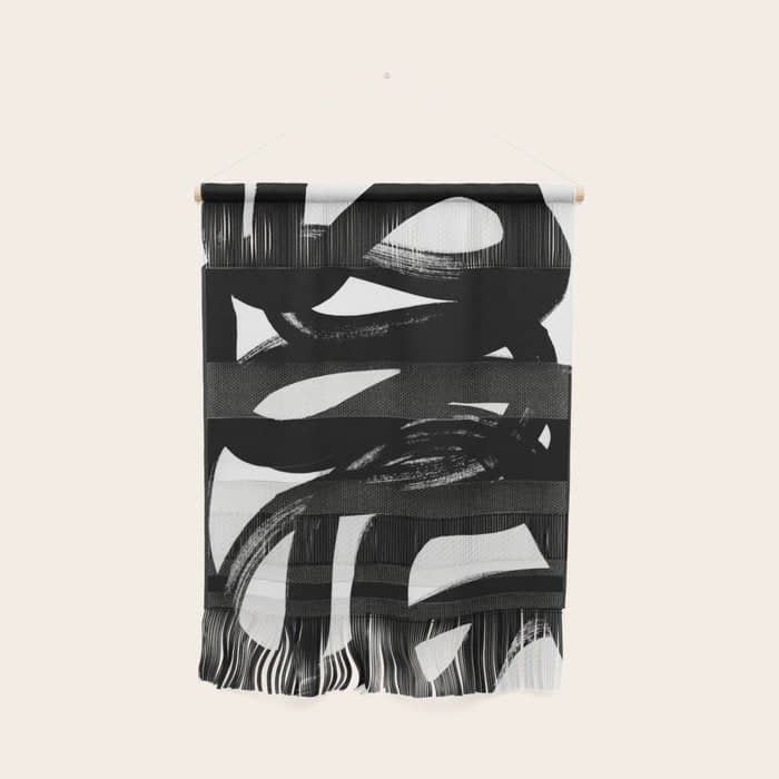 Swirl Black & White Minimalist Abstract Mid Century Ink Art Dark Brush Strokes Wall Hanging