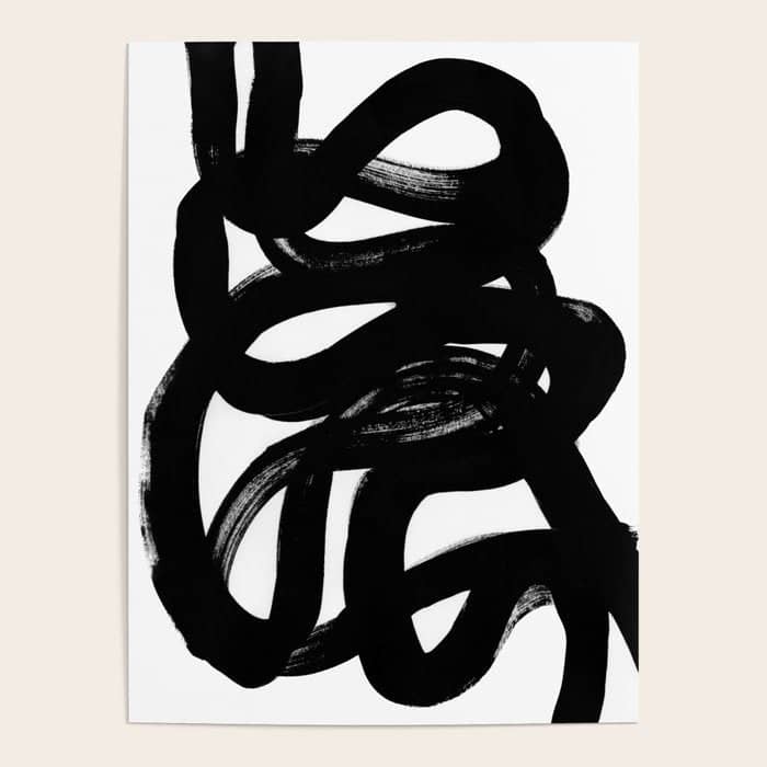 Swirl Black & White Minimalist Abstract Mid Century Ink Art Dark Brush Strokes Poster