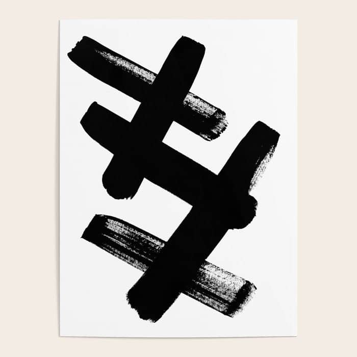 X Black & White Minimalist Abstract Mid Century Ink Art Dark Brush Strokes Poster