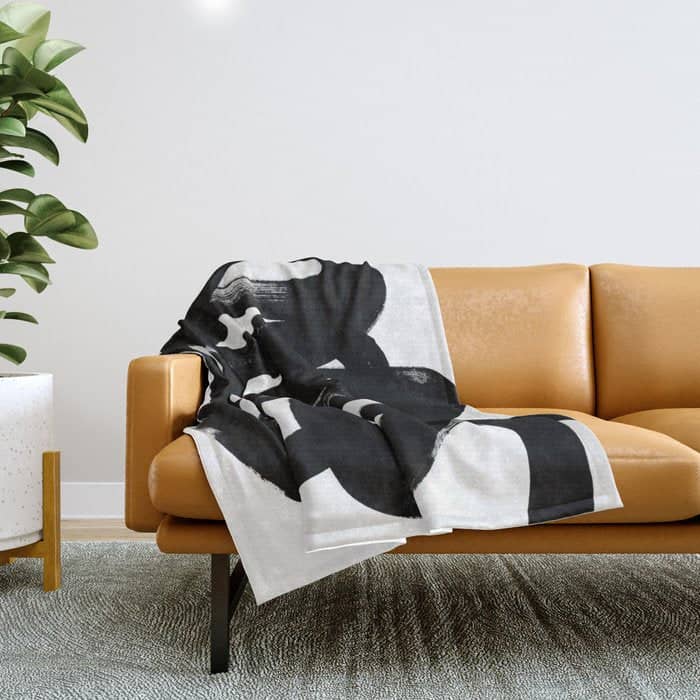 Swirl Black & White Minimalist Abstract Mid Century Ink Art Dark Brush Strokes Throw Blanket