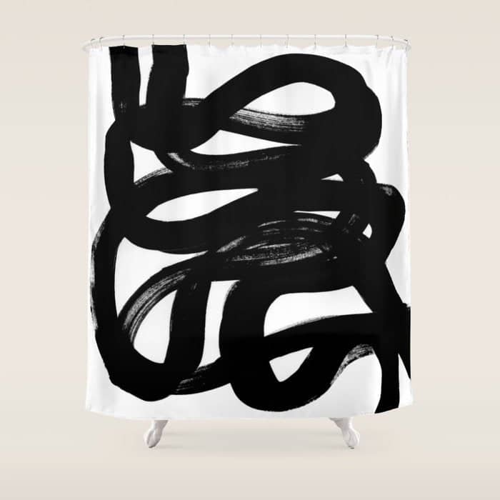 Swirl Black & White Minimalist Abstract Mid Century Ink Art Dark Brush Strokes Shower Curtain