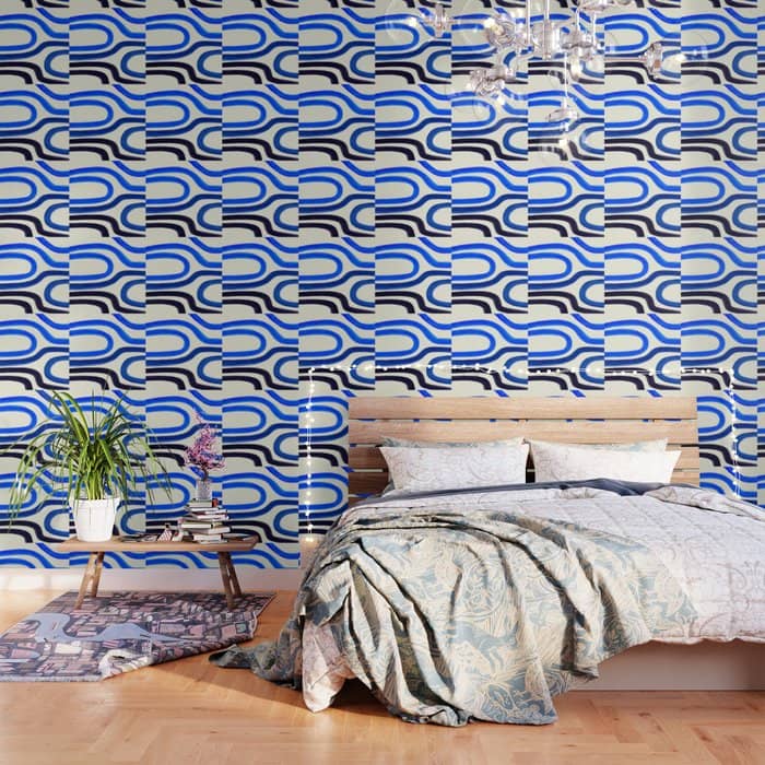 Electric Blues Fun Colorful Mid Century Modern Abstract Painting Shapes Pattern Wallpaper