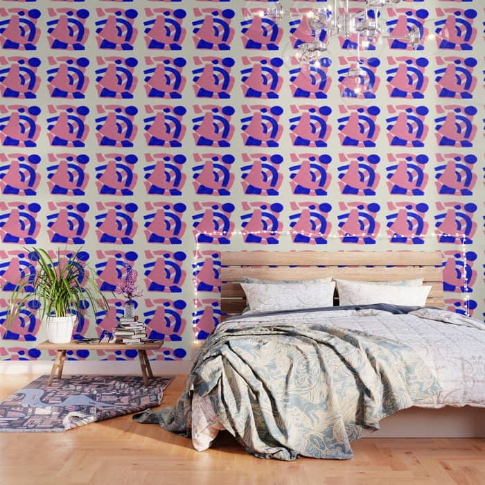 Blue Pink Fun Colorful Mid Century Modern Abstract Painting Shapes Pattern Wallpaper