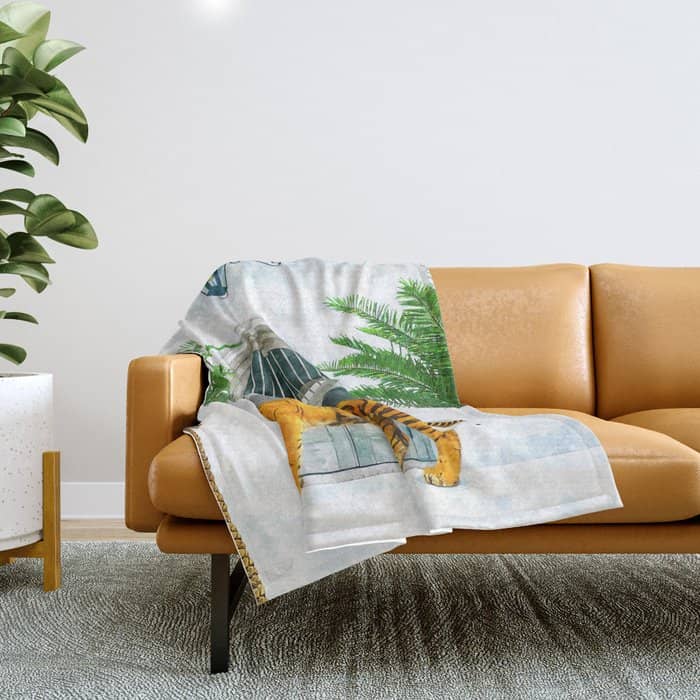 94 Tropical, Greece Architecture Buildings Tiger Wild Cat Watercolor Palm Travel Bohemian Painting Throw Blanket