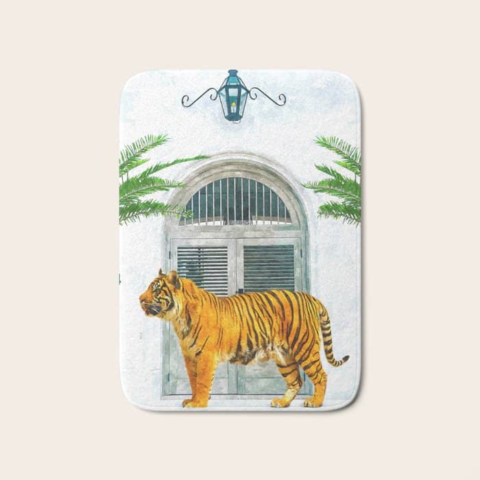 94 Tropical, Greece Architecture Buildings Tiger Wild Cat Watercolor Palm Travel Bohemian Painting Bath Mat