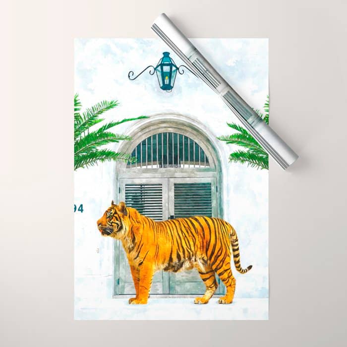 94 Tropical, Greece Architecture Buildings Tiger Wild Cat Watercolor Palm Travel Bohemian Painting Wrapping Paper