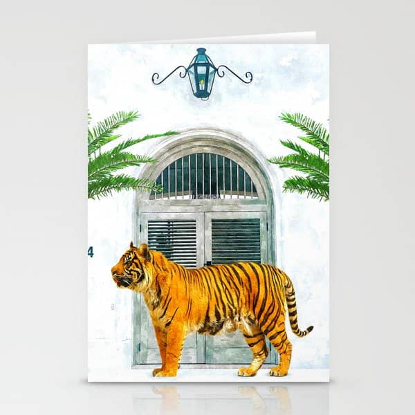 94 Tropical, Greece Architecture Buildings Tiger Wild Cat Watercolor Palm Travel Bohemian Painting Stationery Card