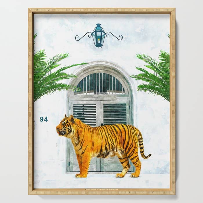 94 Tropical, Greece Architecture Buildings Tiger Wild Cat Watercolor Palm Travel Bohemian Painting Serving Tray
