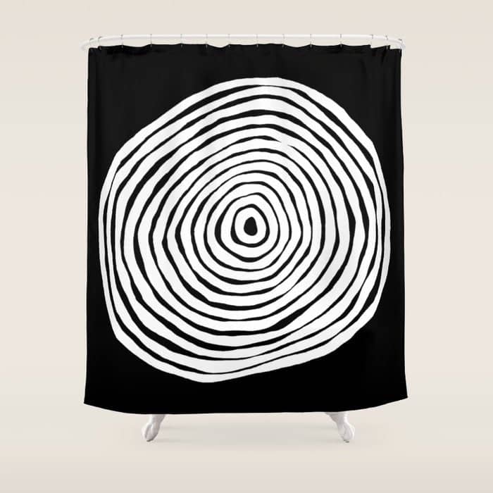 Black & White Minimalist Mid Century Abstract Ink Line Spiral Hypnotic Circle Shower Curtain