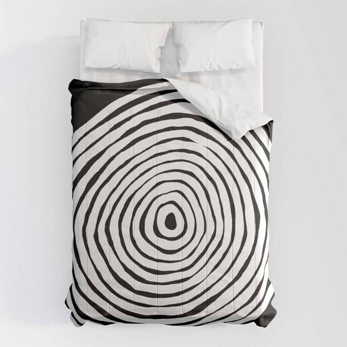Black & White Minimalist Mid Century Abstract Ink Line Spiral Hypnotic Circle Comforter