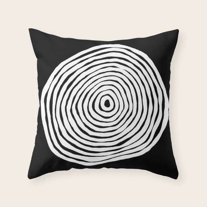 Black & White Minimalist Mid Century Abstract Ink Line Spiral Hypnotic Circle Throw Pillow