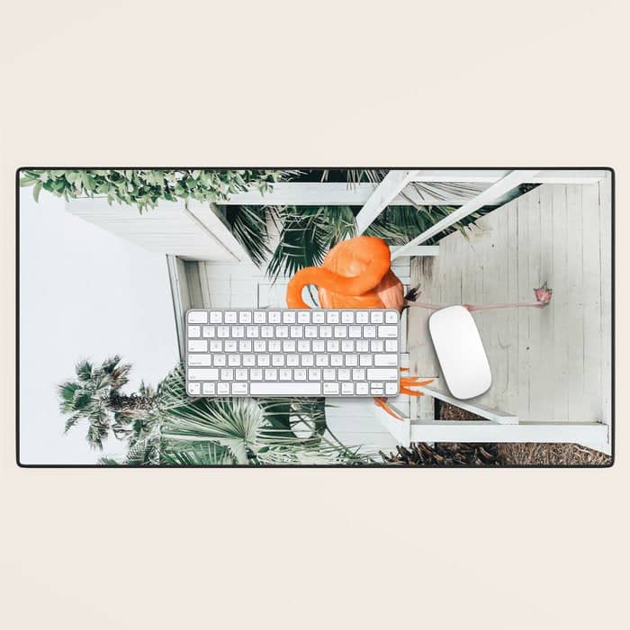 Flamingo Beach House, Wildlife Architecture Jungle Photography, Eclectic Birds Digital Art Desk Mat
