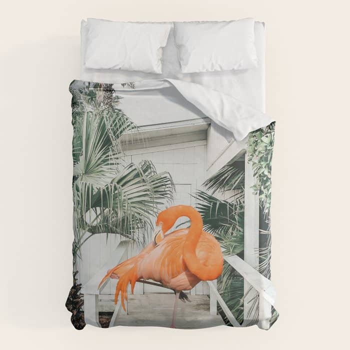 Flamingo Beach House, Wildlife Architecture Jungle Photography, Eclectic Birds Digital Art Duvet Cover