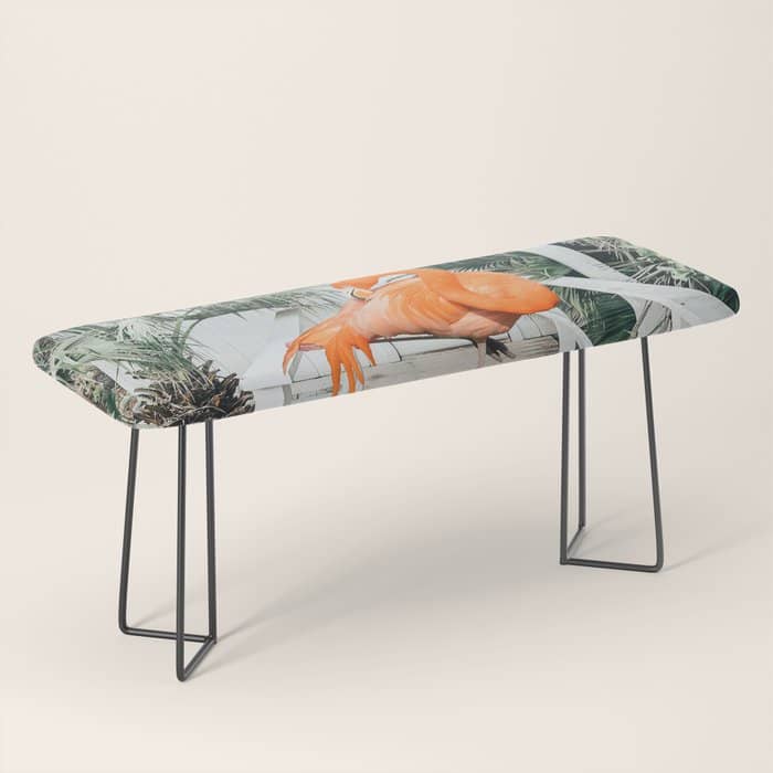 Flamingo Beach House, Wildlife Architecture Jungle Photography, Eclectic Birds Digital Art Bench